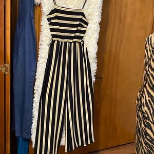 Women’s Black/Yellow/White Striped Wide Leg Jumpsuit By Try This Fashions.Size S